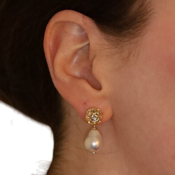 John Hardy Naga Baroque Pearl Dangle Earrings - Sterling 925 Gold 18k Pierced - Picture 2 of 7